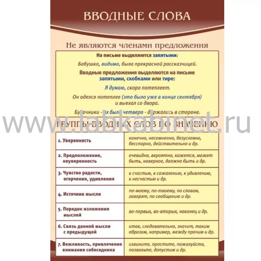 Плакат «Вводные слова» для изучения русского языка, размер 60 × 90 см