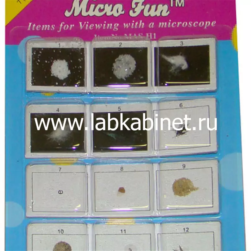 Микропрепараты для стереомикроскопа MAS-H1 Набор № 13. Соль, кирпич, лист дерева и пр. (12 элементов)
