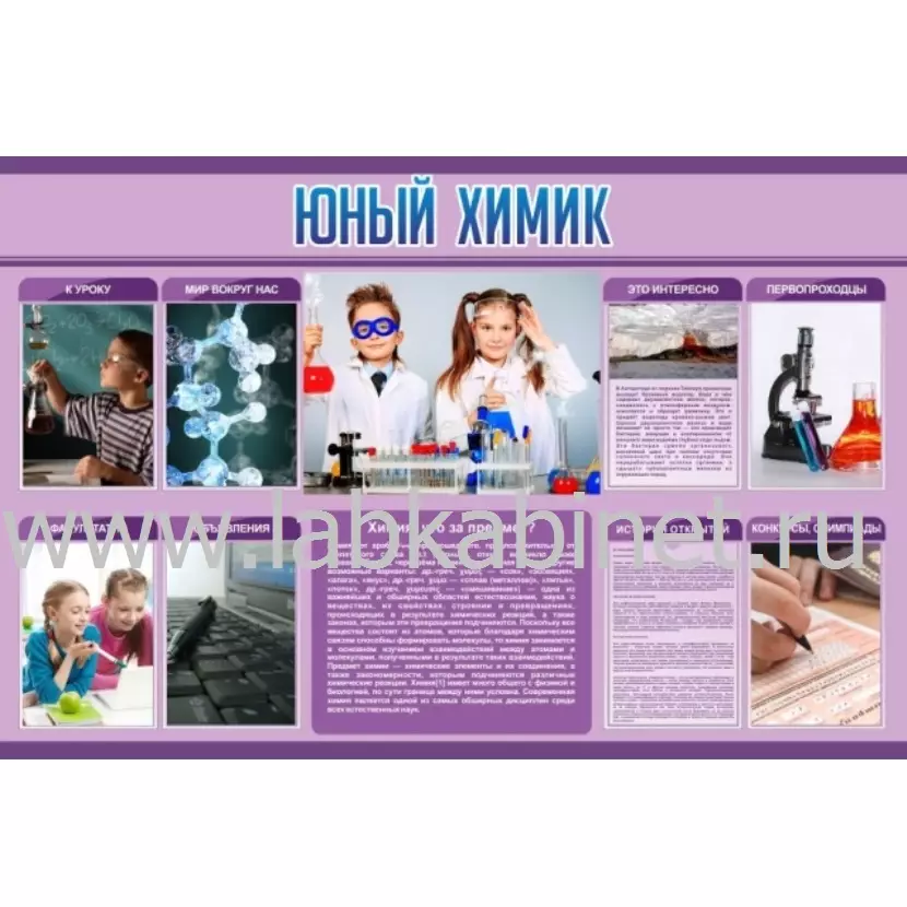 Стенд «Юный химик» с 5 карманами А4, размер 1,5×1,8 м