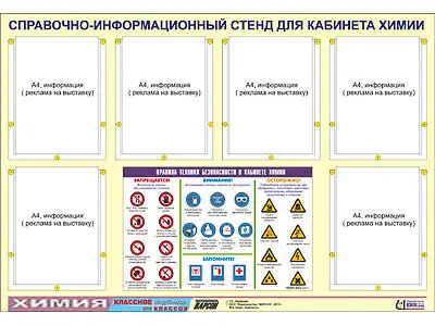 Стенд информационный "Правила техники безопасности в кабинете химии" (80х110, 6 карманов)