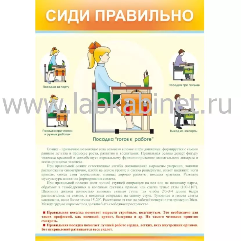 Плакат «Сиди правильно» для формирования правильной посадки за столом, размер 70 × 110 см